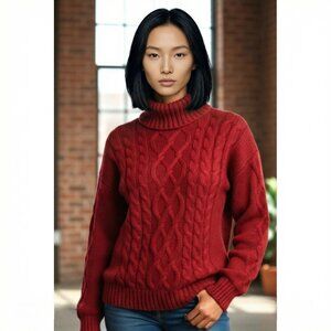 Inis Crafts Ireland Merino Wool Cable Knit Turtleneck Sweater Women's Small Red